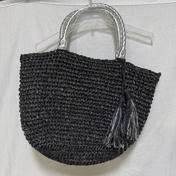 Unbranded Handbags - Straw purse bag black boho Medium black handles Silver Metallic Threads